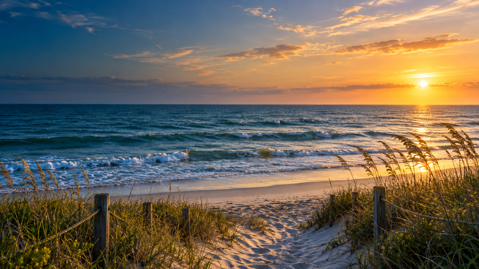 Beach access path opening onto the Atlantic Ocean at golden hour